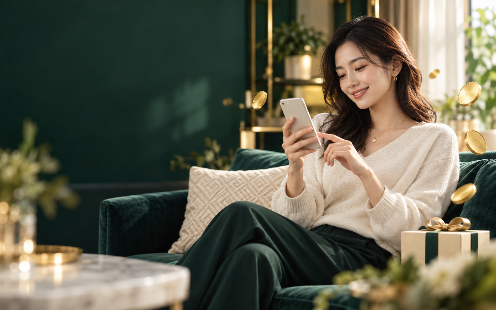 スマートフォンで会員特典を確認する女性