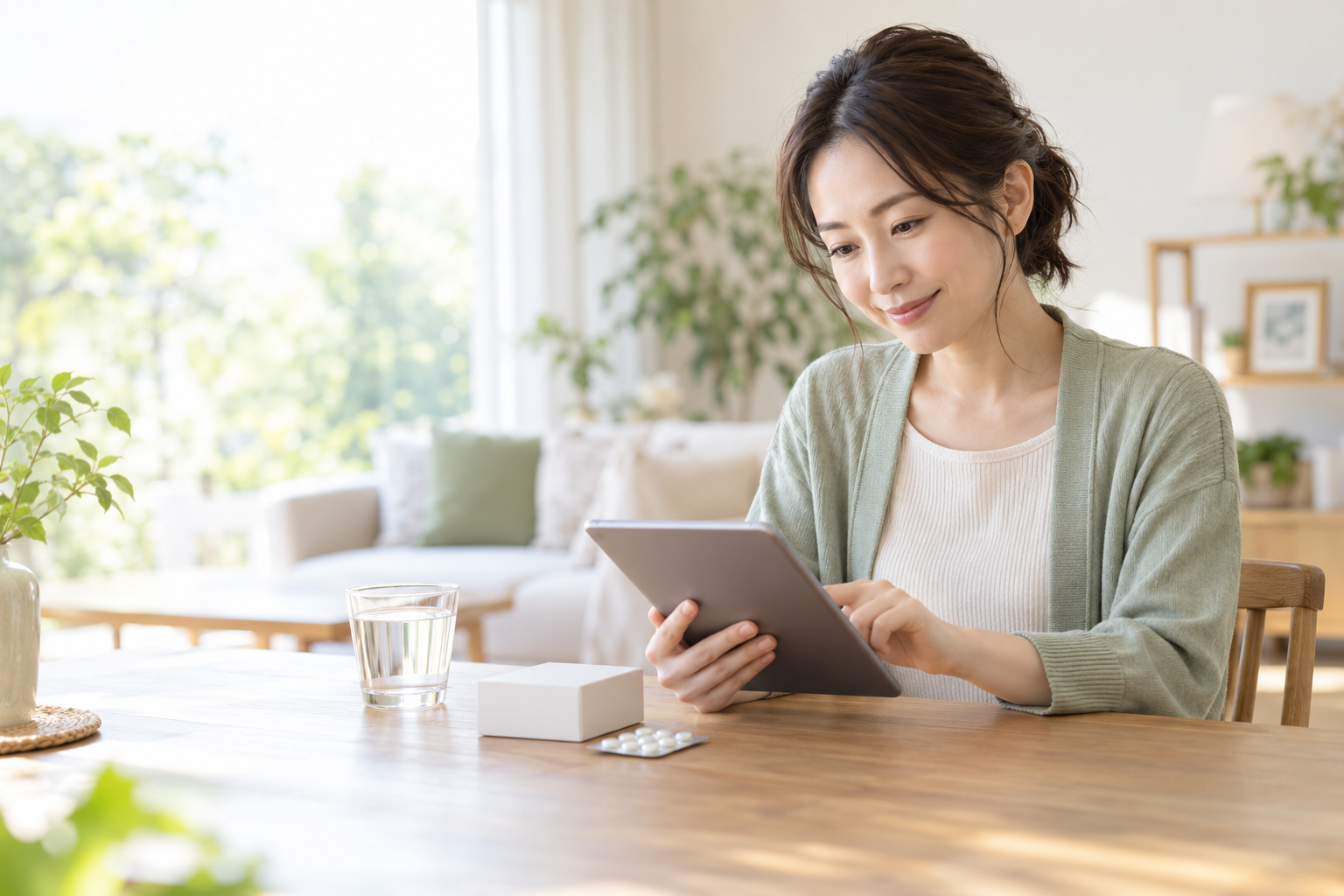 自宅で商品情報を確認する女性